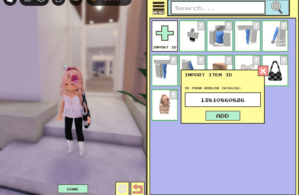 Berry Avenue Import Item ID screen — enter a Roblox catalog ID and press ADD